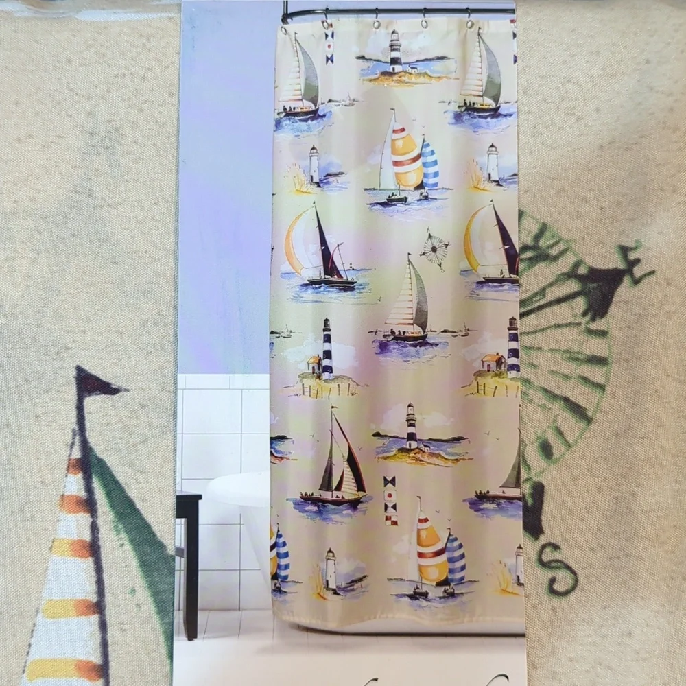 Saturday Knight Fabric Shower Curtain Regatta 70 x 72 inch Sailboats Lighthouses